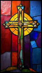 Cross . Colorful stained glass window. Multicolored interior design template. Oil painting