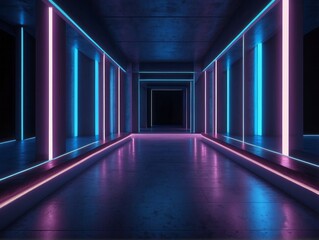 blue neon abstract background, ultraviolet light, night club empty room interior
