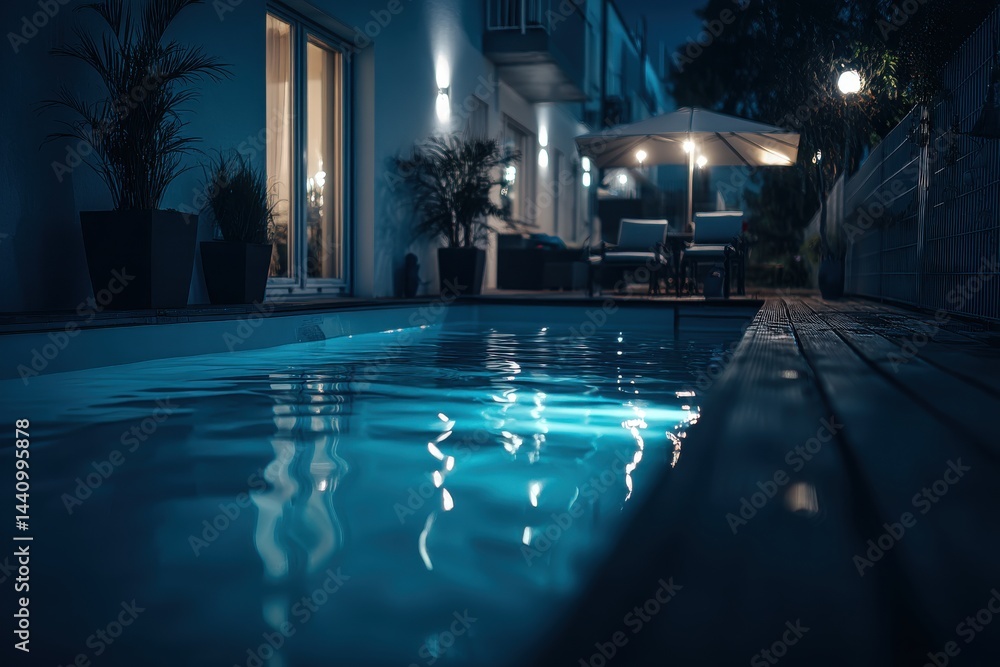 Poster an idyllic nighttime scene of a luxurious pool with shimmering turquoise water, reflecting the soft 
