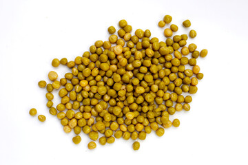 Canned green peas on white background.