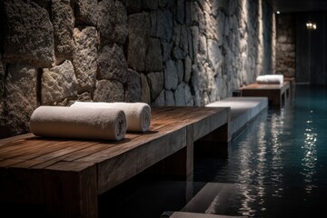 Serene indoor swimming pool area with wooden benches, towels, and stone walls providing a relaxing spa atmosphere and a luxurious experience for visitors.