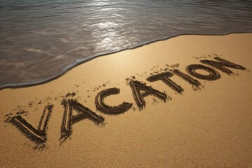 Vacation word written in sand with ocean waves during sunset. AI generated image