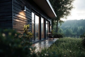 Fototapeta premium An aesthetically pleasing view of a wooden house terrace, framed by lush green vegetation, with a chair and table offering a serene outdoor living space, reflecting tranquility.