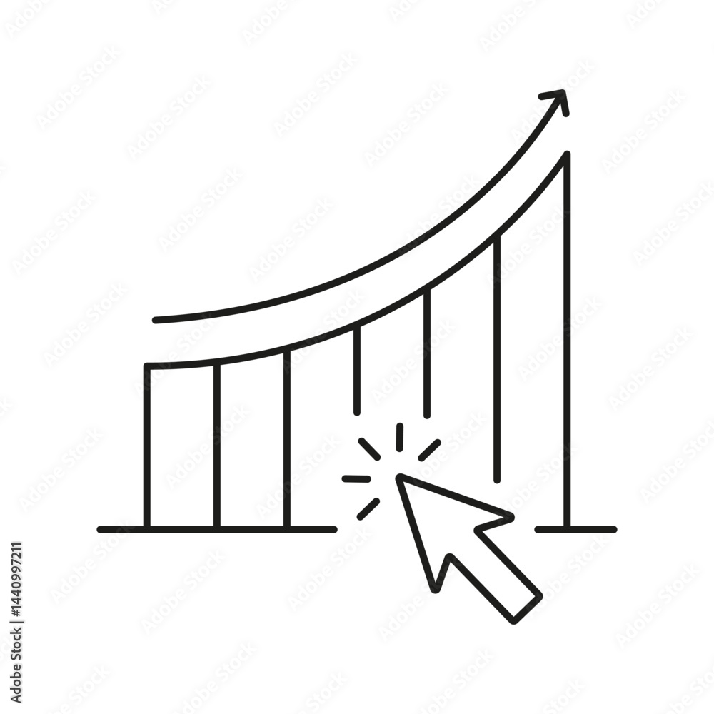 Poster graph with arrow and cursor line icon. data analysis, growth tracking, and online interaction outlin