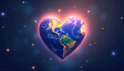 Naklejka premium Heart-shaped Earth floating in cosmic backdrop, symbol of peace