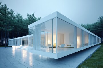 Fototapeta premium Modern minimalist house with glass walls surrounded by pine trees, a stunning architectural design blending seamlessly with nature, offering a peaceful and luxurious living space.