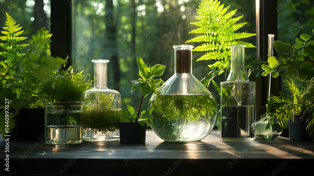 Poster laboratory setup with plants and glassware. ideal for science education projects exploring botany an