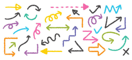 Arrow crayon pencil hand drawn, brush chalk, doodle vector