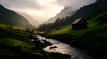 A charming wooden hut by a flowing stream, nestled in a lush green valley, with rugged mountains rising in the distance.