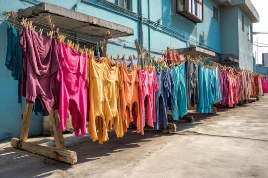Clothes drying on clothesline against a blue facade with wooden clothes pegs in outdoor setting featuring colorful textiles