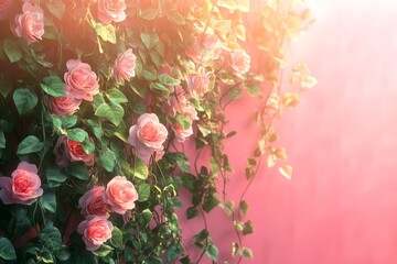 A vibrant display of pink roses cascading down a pastel wall.
