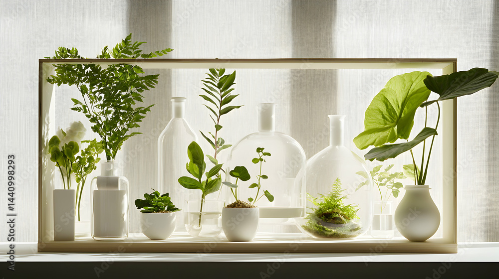 Poster a serene botanical display of various plants and greenery arranged inside a wooden framed box. ideal
