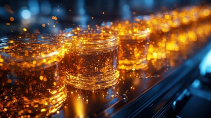 Luminous liquid in glass jars on a conveyor belt