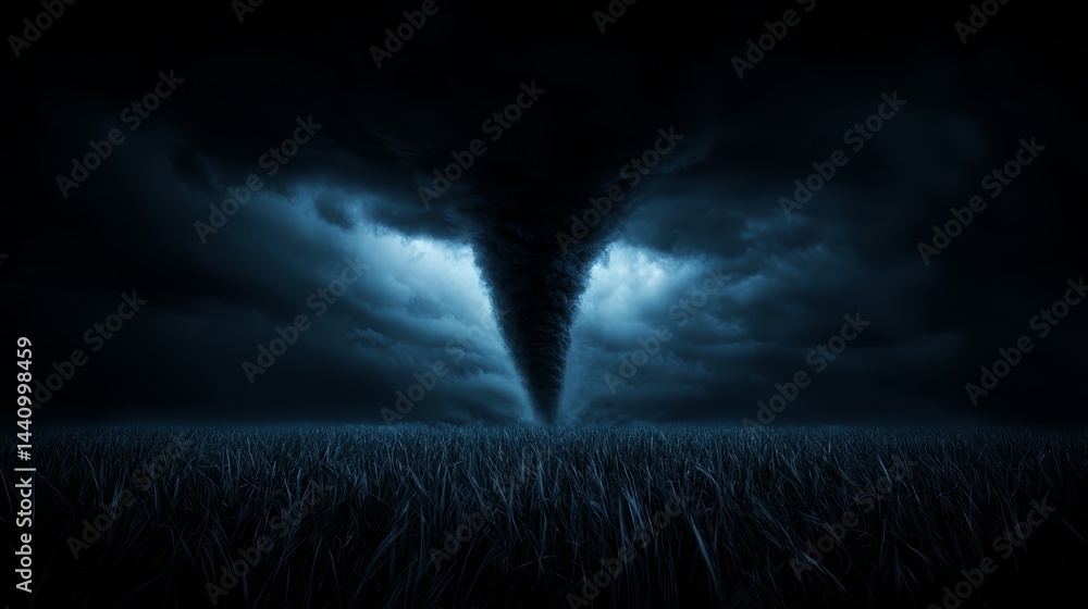 Poster Dark stormy sky with a tornado in the middle. The sky is filled with dark clouds and the tornado is spinning in the middle of the field