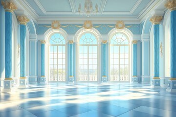Sunlight illuminates blue grand hall through large windows in palace or castle, surrounded by lush greenery