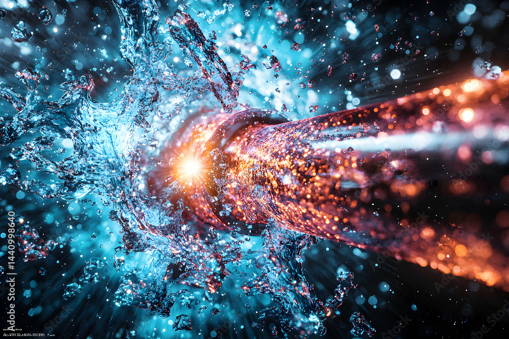 Poster an abstract image of water and light bursting. suitable for technology science or artistic themes. e