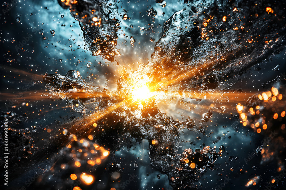 Poster abstract explosion of water and light in a celestial space. ideal for artistic prints wallpapers or 