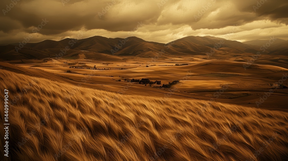 Poster vast, open field of tall grass with a cloudy sky in the background. the grass is tall and dry, givin