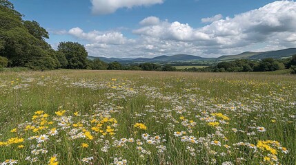 Wildflower meadow blooms under sunny Welsh sky