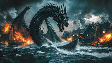 A majestic dragon emerges from turbulent waters, surrounded by a burning village and dark, stormy skies, creating a captivating fantasy scene. Spell Forge. Illustration