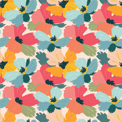 A bright floral pattern with bright, overlapping flowers of various colors, reminiscent of the beauty of a blooming meadow. For textiles, fashion, postcards, wrapping