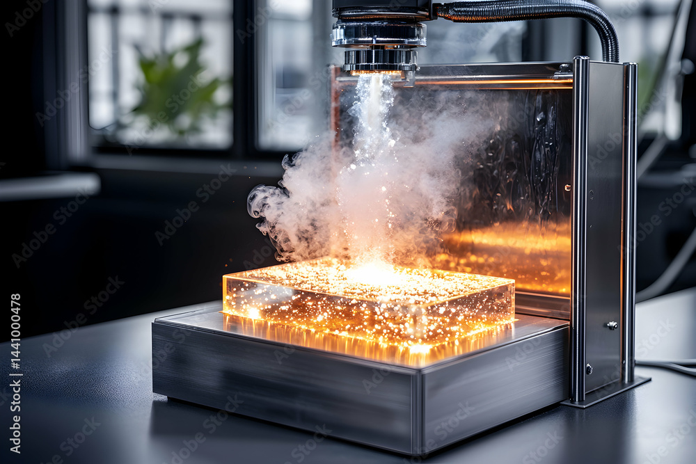 Poster a machine creates light and smoke. it seems to be working on a clear block. application could be in 