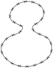 Hourglass-inspired curved shape outlined with a barbed wire path forming a symmetrical contour.
