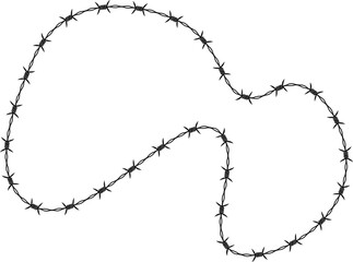 Flowing abstract shape outlined with a curved barbed wire path.