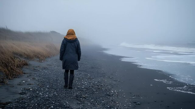 Solo figure walks a dark beach in overcast weather.