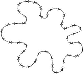 Barbed wire creating a shape with curvy extensions and continuous flowing paths.