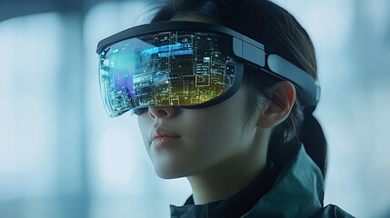 Woman wears VR headset with digital cityscape reflecting in tech lab setting