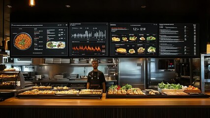 Busy restaurant kitchen with digital menu boards displaying dishes and data analysis - Powered by Adobe