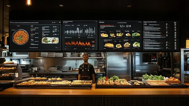 Busy restaurant kitchen with digital menu boards displaying dishes and data analysis