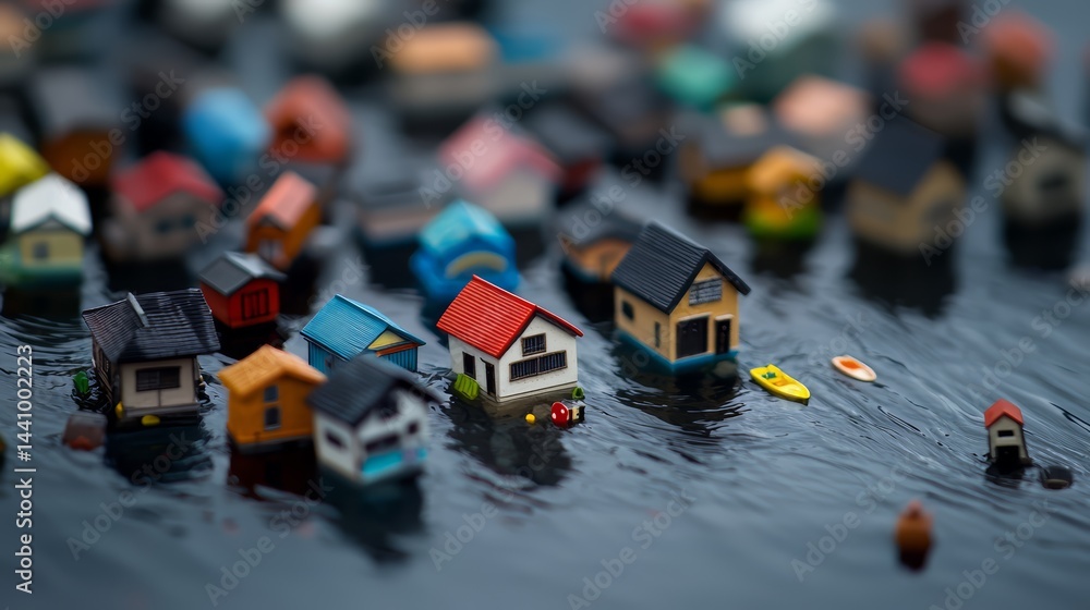 Poster group of small houses are floating in a body of water. the houses are of different colors and sizes,