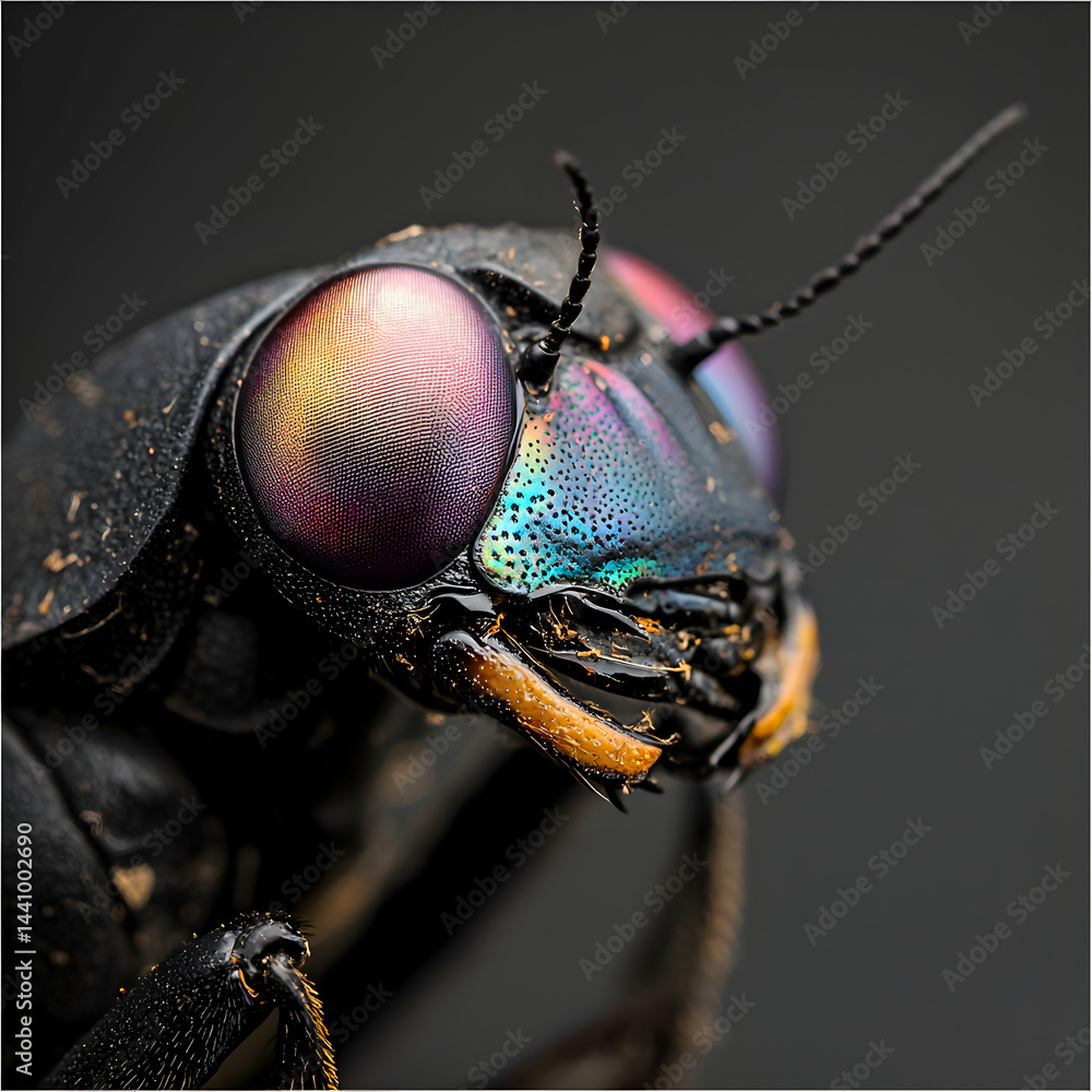 Poster macro shot of a fascinating insect's head. the iridescent colors and intricate details create a stun