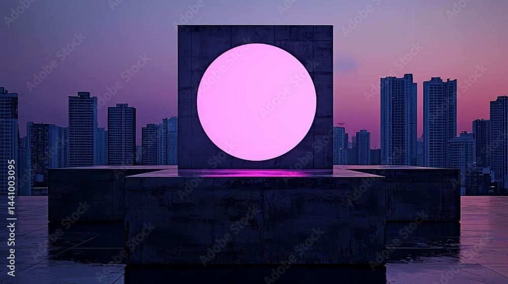 Aufkleber large pink circle is in the middle of a concrete structure. the city in the background is lit up wit