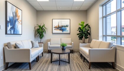 Fototapeta premium Waiting area of a financial consulting firm with neutral-toned decor, soft seating, motivational business posters, professional mood