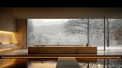 Minimalist kitchen overlooking snow-covered mountains