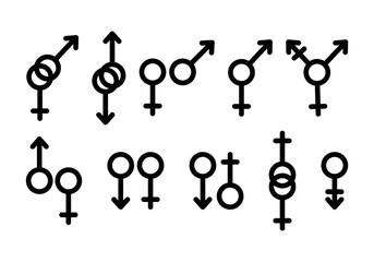 Set of monochrome symbols of male and female, gender identity. Flat vector illustration, sticker, icon. LGBT+, pride tolerance, June, sexual orientation, gender, rainbow, equality, gay, lesbian, ect.