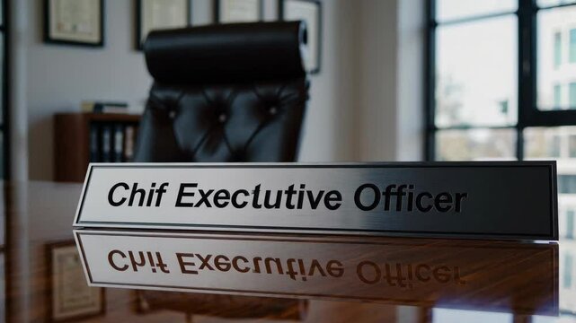 Empty executive office with chair and nameplate reflecting professional corporate atmosphere