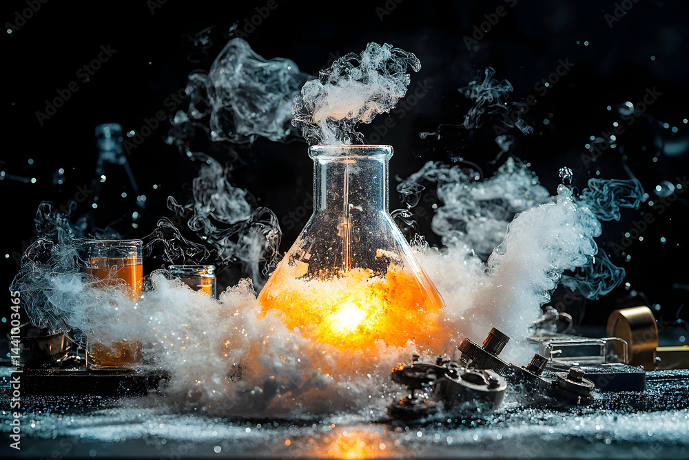 Poster a captivating image of a glowing flask with emanating smoke and intricate details. it sparks wonder 