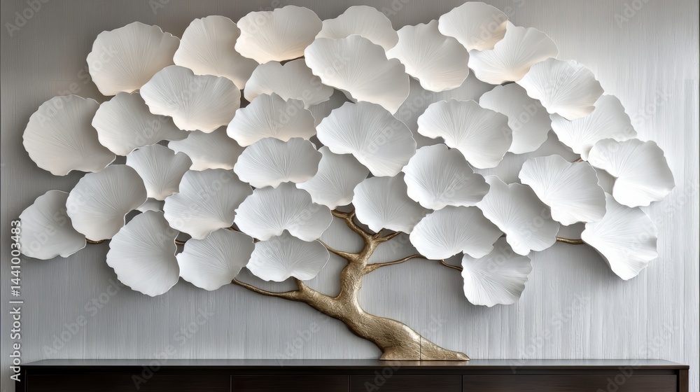 Poster Large white tree made of paper is displayed on a wall. The tree is surrounded by many smaller white leaves, creating a sense of depth and dimension. Scene is serene and calming
