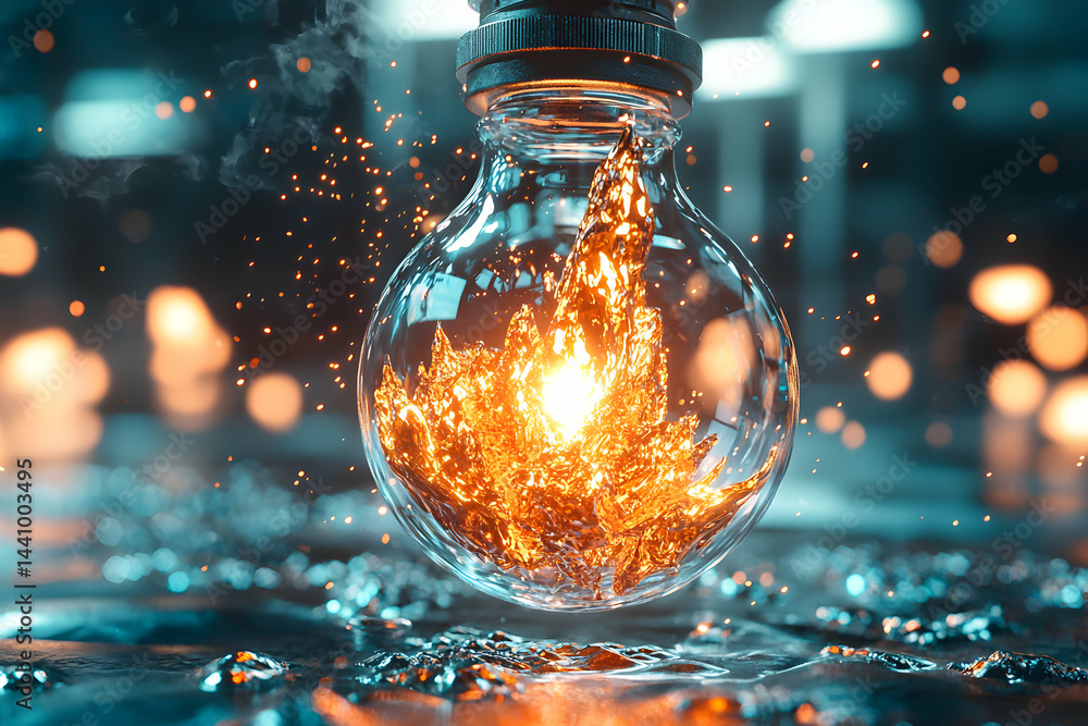 Poster a glowing light bulb is suspended in water with sparkling effects. use for futuristic tech websites 