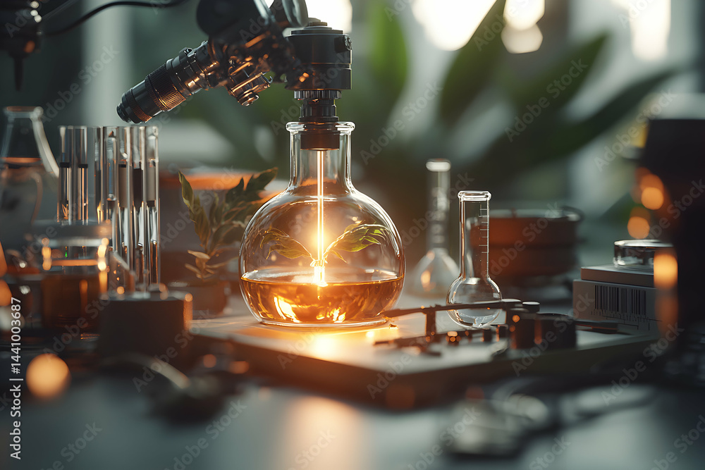 Poster a lab setup with glowing plants in a flask suggests scientific exploration. perfect for illustrating