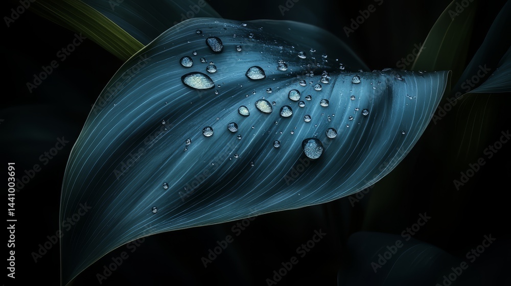 Poster Leaf with water droplets on it. The droplets are small and scattered, giving the impression of a light rain. The leaf is green and he is a part of a larger plant