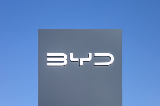 Poznan, Poland - April 28, 2025: BYD Auto logo on a pylon - BYD Auto Co. Ltd. is a Chinese multinational electric cars manufacturer.