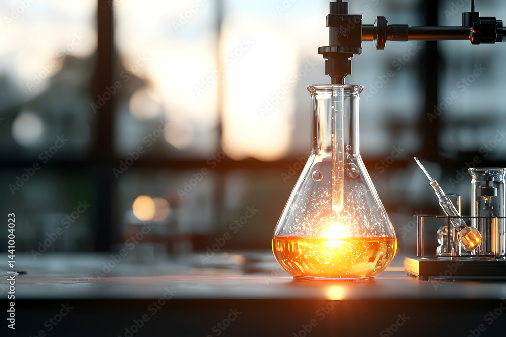 Aufkleber a glowing flask in a lab setting suggests scientific research. ideal for science blogs articles or i