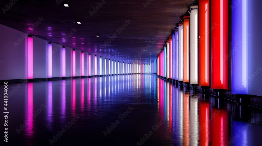 Aufkleber long hallway with neon lights in a tunnel. the lights are in different colors and are reflecting on 