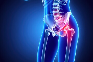 3d rendering of female hip pain showing skeleton and pelvis