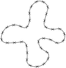 Curved shape with barbed wire pattern, stylized cross form